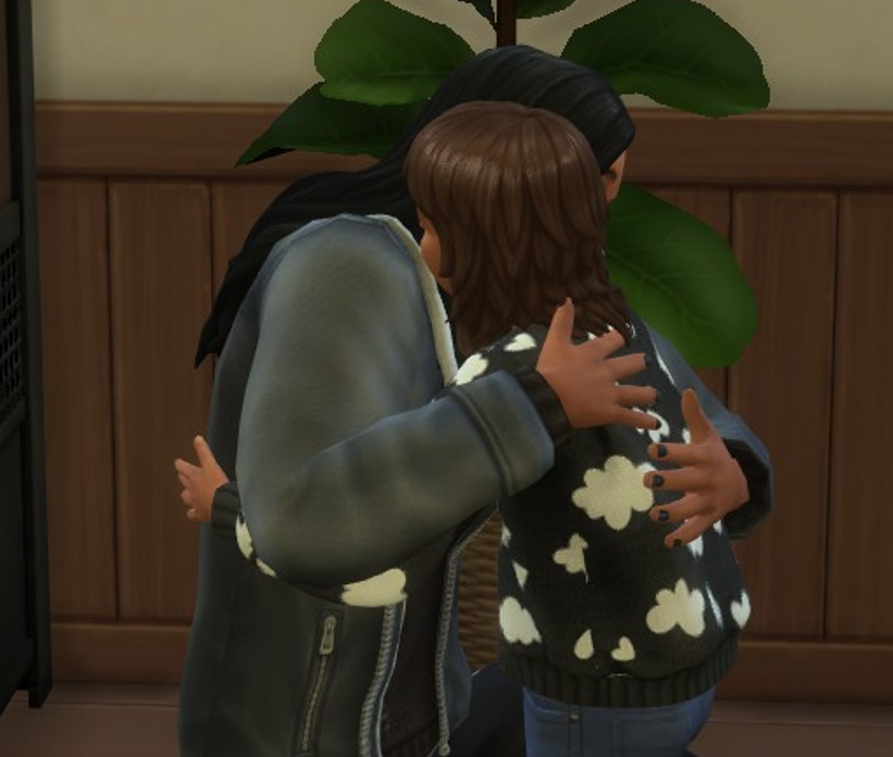 A Sims 4 screenshot, Doba hugging a tiny Ajei very gently