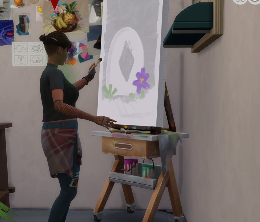 A Sims 4 screenshot, Ajei painting a picture of her mother's gravestone.