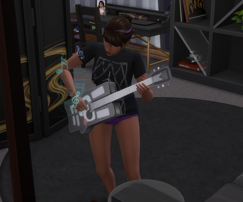 A Sims 4 screenshot, Ajei strumming on a black skeleton styled guitar in her bedroom.