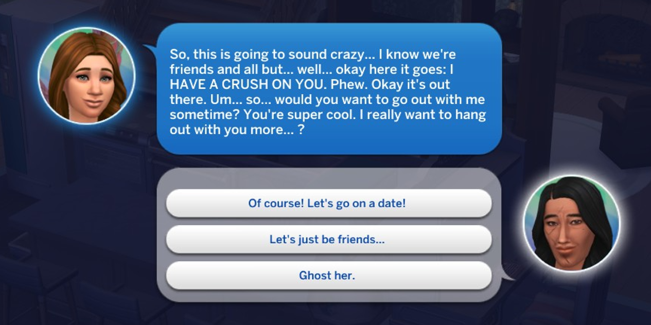 A Sims 4 screenshot, A popup with Faye and Doba's faces. Faye is asking Doba out. I do not feel like typing it all but it's so cringe you have to believe me.