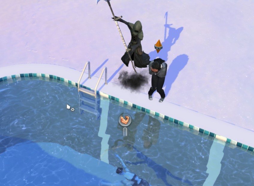 A Sims 4 screenshot, Ajei drowning, the Reaper reaping, and Doba sobbing as he watches.
