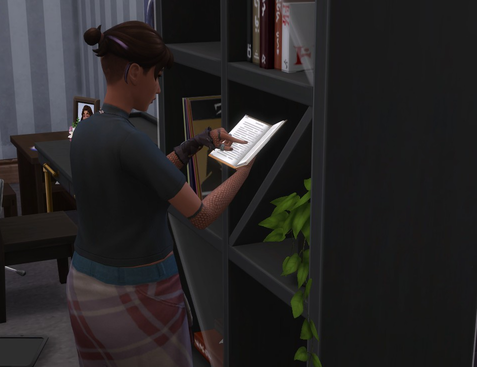A Sims 4 screenshot, Ajei reading a book in her bedroom.