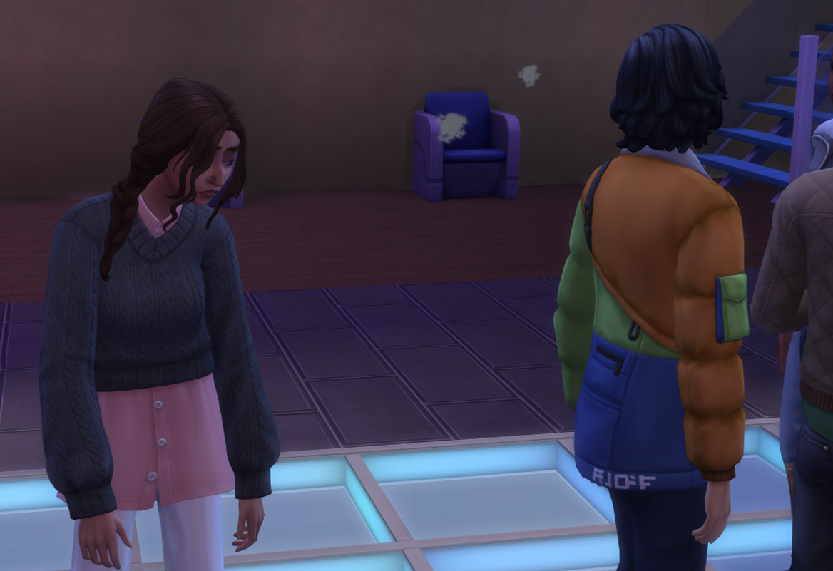 A Sims 4 screenshot, Elmira slunked down miserably while George walks away.