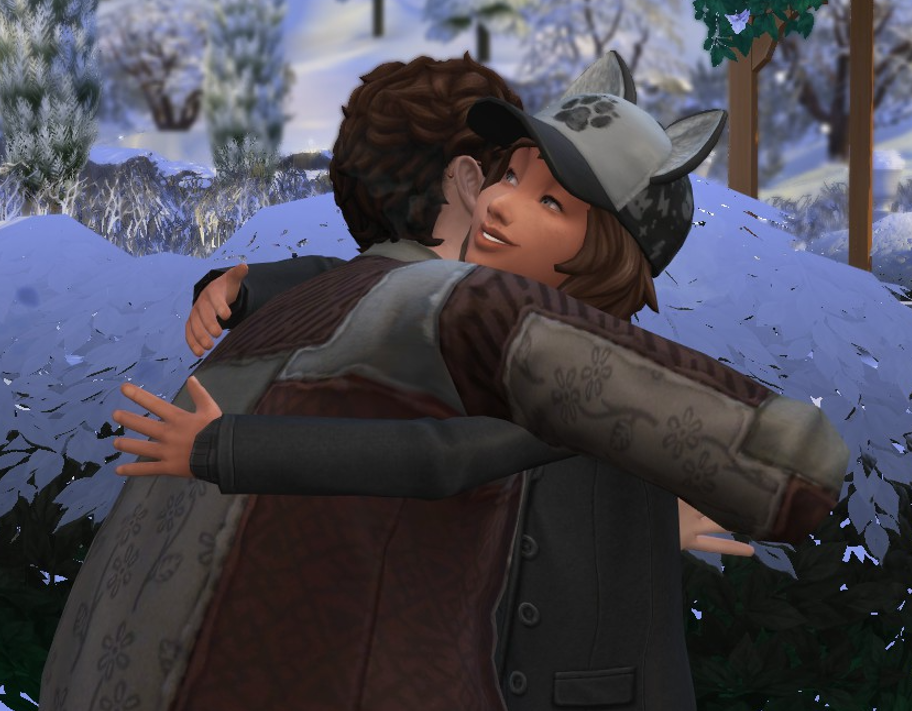 A Sims 4 screenshot, Etan hugging a smiling Ajei in the snow.