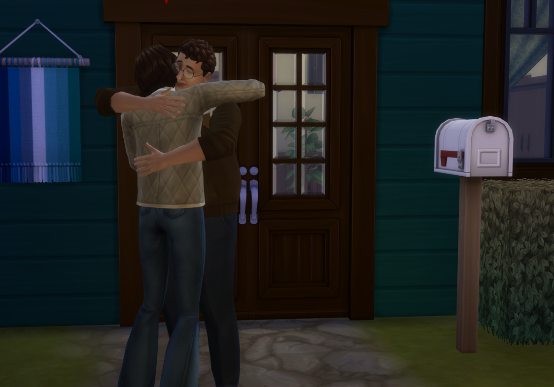 A Sims 4 screenshot, Elmira and Etan hugging in front of the Basilio House.
