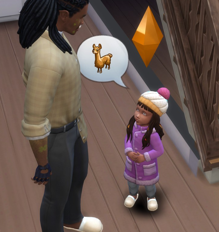 A Sims 4 screenshot, Ajei with a little speech bubble with a llama inside of it, while the family butler looks down and listens.