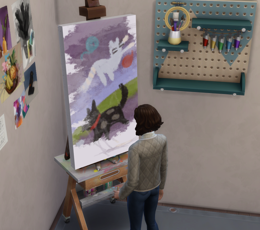 A Sims 4 screenshot, Elmira stood in front of an easel painting a very bad looking piece.