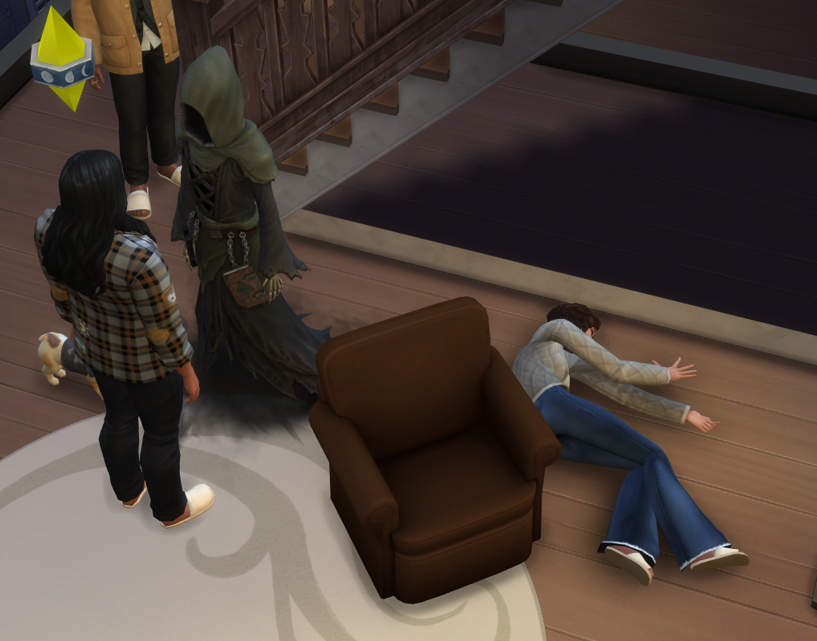 A Sims 4 screenshot, Elmira on the floor, Doba talking to the Grim Reaper.